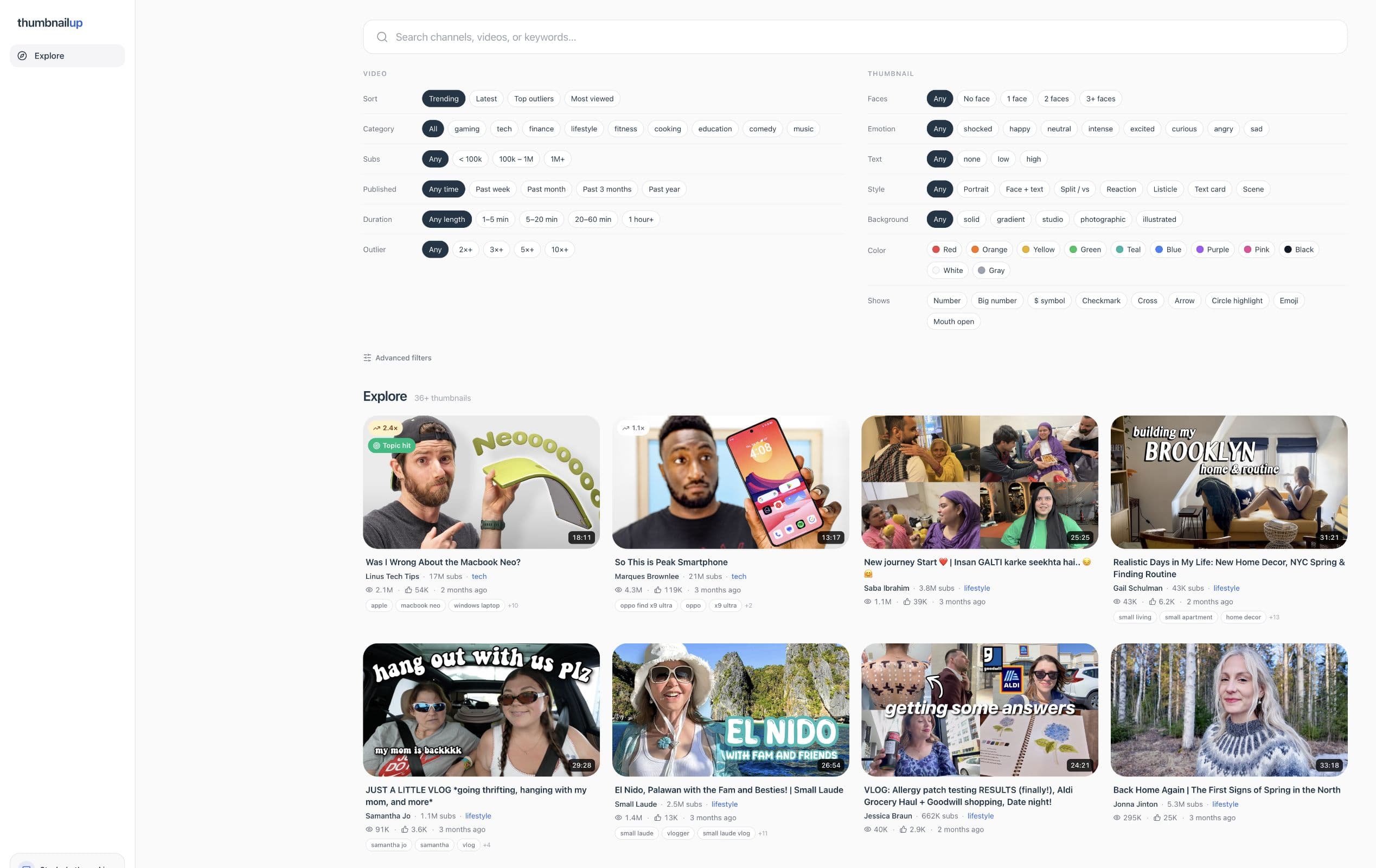 ThumbnailUp Explore screen with YouTube thumbnail filters and performance data